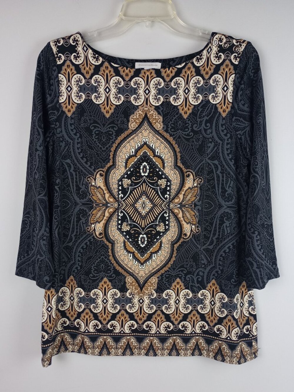 Charter Club Women L Black Tan Paisley 3/4 Sleeve Boat Neck Stretch Blouse Shirt